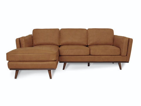 Selina Midcentury Tan Leather Sectional Sofa with clean lines and modern design.