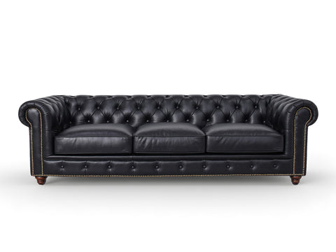 Stanhope Black 3 Seater Chesterfield sofa in top-grain leather, classic design with tufted back and rolled arms, luxury furniture piece.