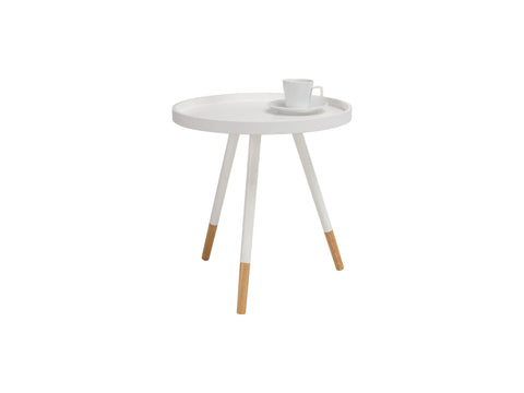 Camilla White Tripod Side Table with white bentwood top and solid Oakaia Wood legs, perfect for modern decor.