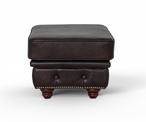 Stanhope Dark Chocolate Chesterfield Ottoman in top-grain leather with tufted detailing and nailhead trim.