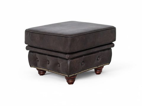 Stanhope Dark Chocolate Chesterfield Ottoman in rich aniline leather, showcasing British refinement and luxury.