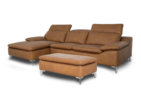 Milano Tan Leather Sectional Sofa - Right Chaise with Ottoman showcasing Italian elegance and contemporary design in premium full-grain leather.