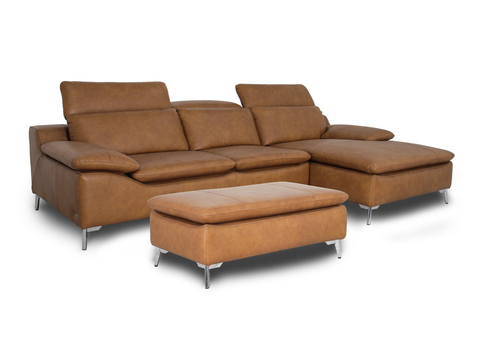 Milano Tan Leather Sectional Sofa - Right Chaise with Ottoman