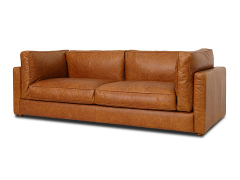 Eleganza Cognac Distressed Leather 3 Seater Sofa in full top aniline leather with plush cushions and walnut wood legs.