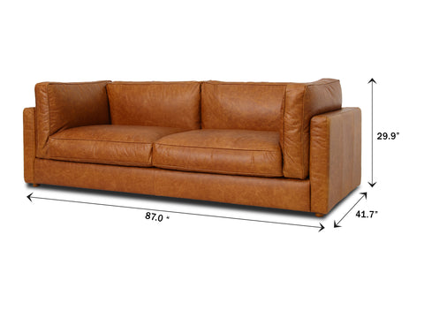 Eleganza Cognac Distressed Leather 3 Seater Sofa with plush cushions and compact walnut wood legs, dimensions 87 x 41.7 x 29.9 inches