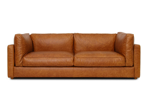 Eleganza Cognac Distressed Leather 3 Seater Sofa with plush cushions and walnut wood legs, perfect for modern and classic interiors
