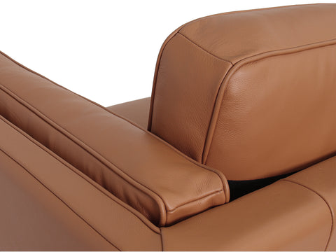 Close-up of Selina Midcentury Brown Leather Accent Chair with smooth leather finish.