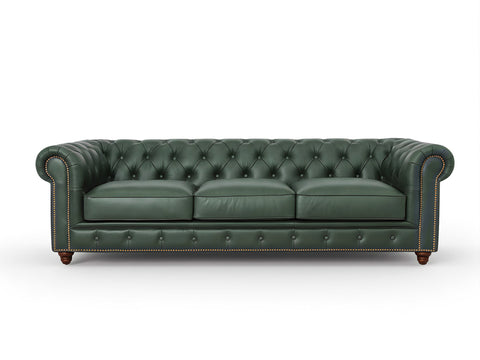 Stanhope Royal Green Leather 3 Seater Chesterfield, luxury sofa in top-grain aniline leather with classic British design