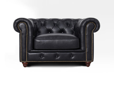 Stanhope Black Leather 1 Seater Chesterfield with luxurious aniline leather upholstery and classic British design.