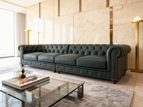 Stanhope Royal Green Leather 4 Seater Chesterfield in modern living room.