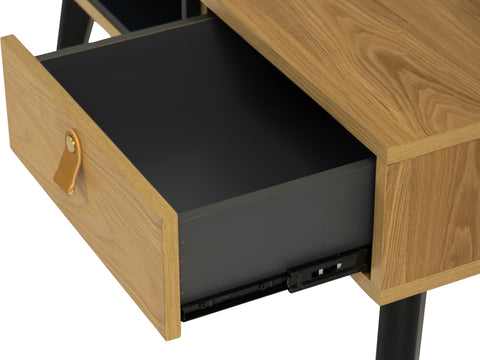 Lia Mid-Century Modern Oak Coffee Table with Drawer open showing leather loop handle and black Oakaia Wood legs.