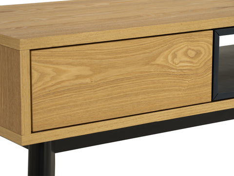 Close-up of Lia Mid-Century Modern Oak Coffee Table with Drawer, showing Nordic-inspired oak top and black angular legs.