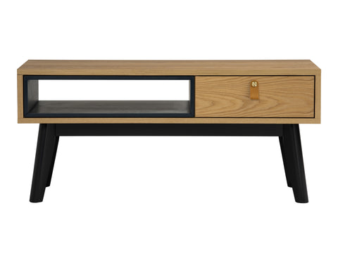 Lia Mid-Century Modern Oak Coffee Table with Drawer, Nordic design, black legs, leather loop