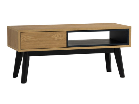Lia Mid-Century Modern Oak Coffee Table with Drawer featuring Nordic design and black angular legs.