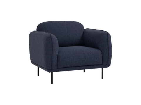 Livia Navy Blue Firm Accent Chair with Linsey fabric and black metal legs.