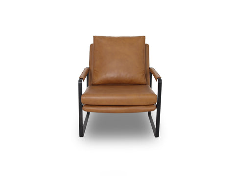 Luna Modern Leather Tan Accent Chair front angle with sleek design and premium semi-aniline leather upholstery.