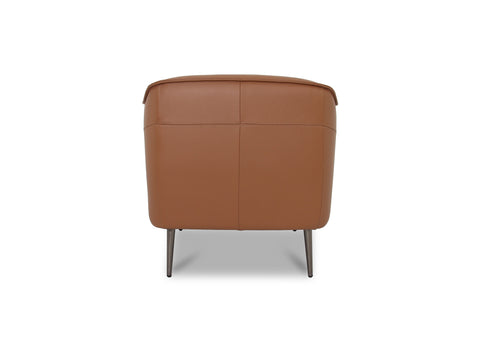 Back view of Lusso vintage Chestnut Brown leather accent chair showcasing its sleek design and rich leather texture.