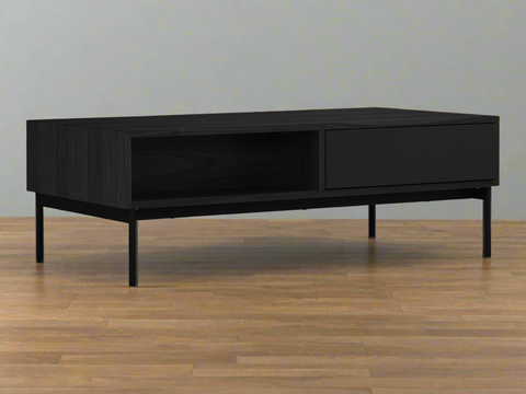 Marcello Black Rectangular Coffee Table with oak veneer, open shelf, and drawer on slim iron legs.