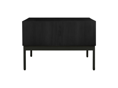 Marcello Black Rectangular Coffee Table with oak veneer finish, open shelf, and drawer, elevated on iron legs for modern living spaces.