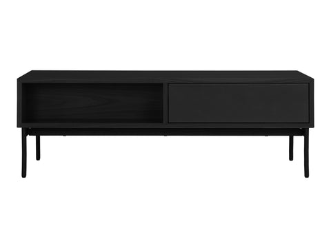 Marcello Black Rectangular Coffee Table with open shelf and drawer, sleek design on iron legs, modern furniture piece.