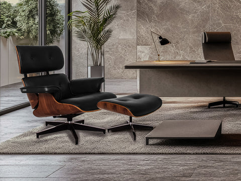Meseo Black Leather Lounge Chair and Ottoman in a modern office setting, featuring elegant design and luxurious comfort.