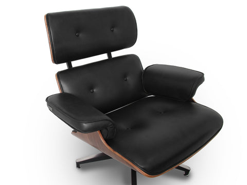 Meseo Black Leather Lounge Chair and Ottoman featuring sleek black leather upholstery and mid-century design.