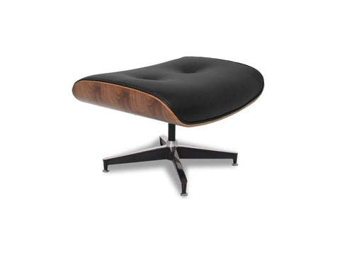 Meseo Black Leather Lounge Chair and Ottoman ottoman with sleek black design and wooden accents on a modern base.