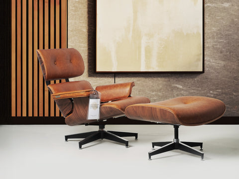 Meseo Cognac Lounge Chair and Ottoman in vintage-inspired semi-aniline leather, mid-century modern design for luxury and comfort.