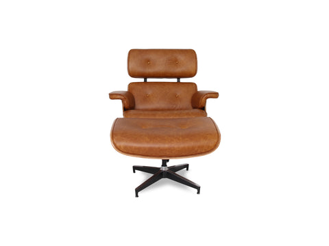 Meseo Cognac Lounge Chair and Ottoman in vintage-inspired semi-aniline cognac leather, showcasing mid-century modern luxury design.