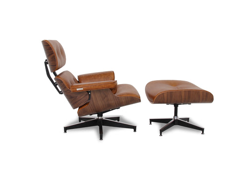 Meseo Cognac Lounge Chair and Ottoman featuring vintage-inspired leather and mid-century modern design, side profile view