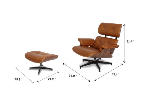 Meseo Cognac Lounge Chair and Ottoman in mid-century modern design with dimensions shown, upholstered in semi-aniline cognac leather.