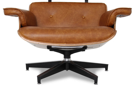 Meseo Cognac Lounge Chair and Ottoman in vintage-inspired semi-aniline leather, showcasing mid-century modern luxury and comfort.