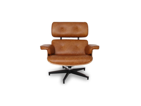 Meseo Cognac Lounge Chair and Ottoman in vintage-inspired semi-aniline cognac leather, showcasing mid-century modern elegance and comfort.