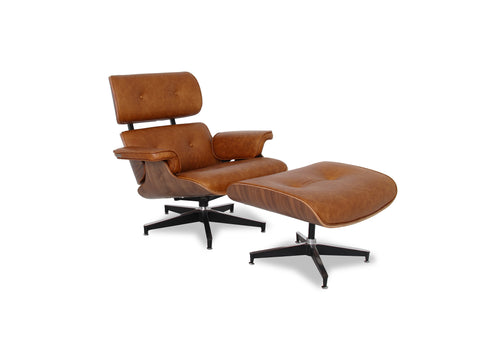 Meseo Cognac Lounge Chair and Ottoman in vintage-inspired leather, showcasing mid-century modern design and comfort.