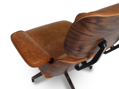 Meseo Cognac Lounge Chair and Ottoman with vintage-inspired semi-aniline cognac leather upholstery, showcasing mid-century modern luxury.
