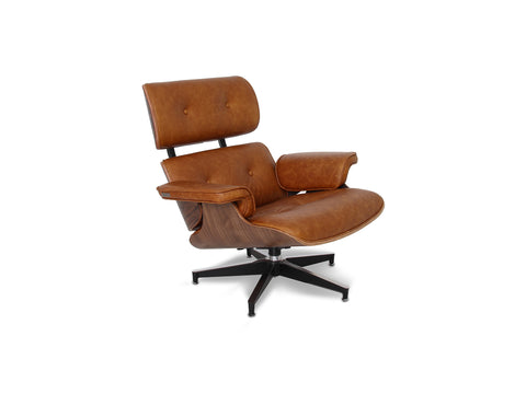 Meseo Cognac Lounge Chair and Ottoman in vintage cognac leather, showcasing mid-century modern luxury and comfort.