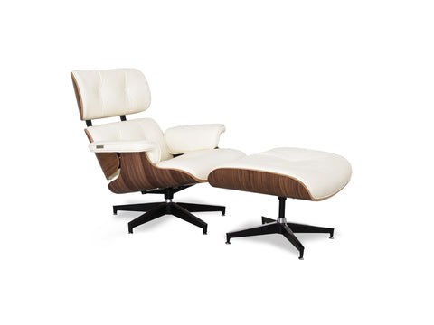 Meseo Cream Leather Lounge Chair and Ottoman featuring mid-century modern design and supple cream leather.