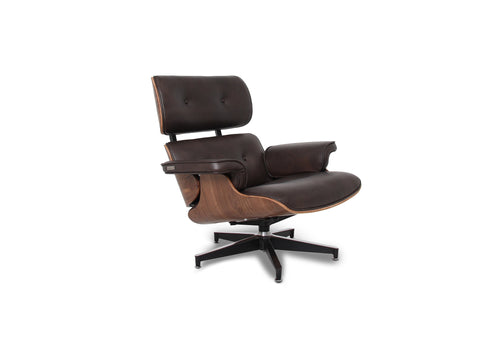 Meseo Dark Chocolate Leather Lounge Chair and Ottoman with wood finish and modern design.