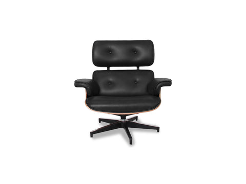 Meseo Black Leather Lounge Chair and Ottoman, featuring a sleek design and luxurious black leather upholstery.