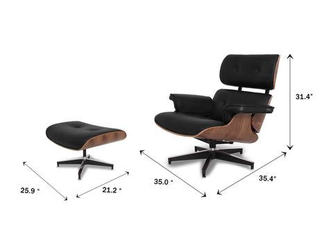 Meseo Black Leather Lounge Chair and Ottoman dimensions showing modern design and ergonomic comfort.