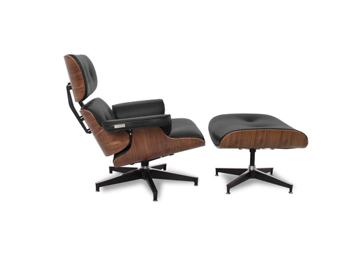Meseo Black Leather Lounge Chair and Ottoman featuring rich leather and modern design.