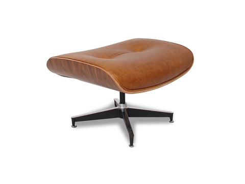 Meseo Cognac Lounge Chair and Ottoman with vintage-inspired semi-aniline leather in warm cognac color, mid-century modern design.