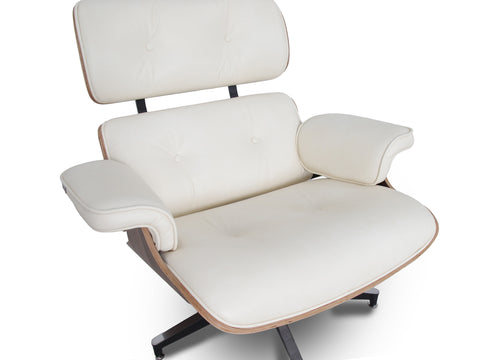 Meseo Cream Leather Lounge Chair and Ottoman in stylish mid-century modern design, featuring soft cream leather upholstery.