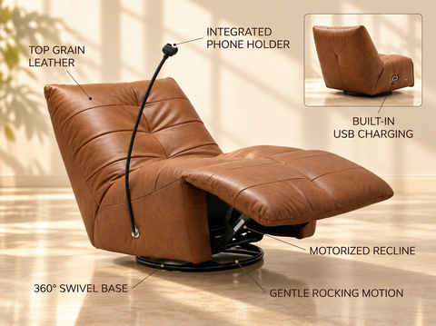 Mirano Camel Brown Distressed Leather Power Swivel Rocking Recliner Chair