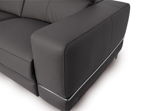 Modena Grey Leather Motorized Sectional Sofa close-up of the armrest and sleek design features.
