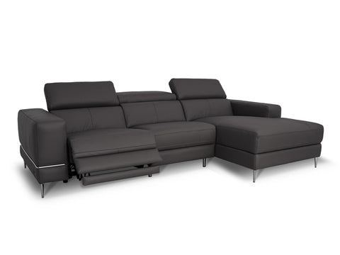 Modena Grey Leather Motorized Sectional Sofa - Right Chaise with reclining feature and adjustable headrests
