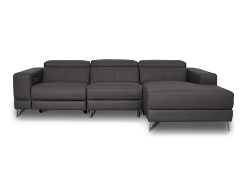Modena Grey Leather Motorized Sectional Sofa featuring a right chaise and electric recliner for ultimate comfort.