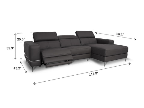 Modena Grey Leather Motorized Sectional Sofa with dimensions, featuring electric recliner and adjustable headrests.
