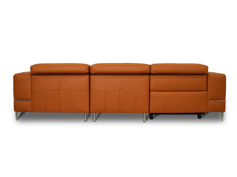 Modena Mahogany Brown Leather Motorized Sectional Sofa - Left Chaise in sleek brown leather from the back view.
