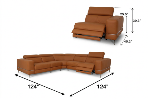 Modena Mahogany Brown Leather Dual Recliner 5 Seater L-Shape Sectional
